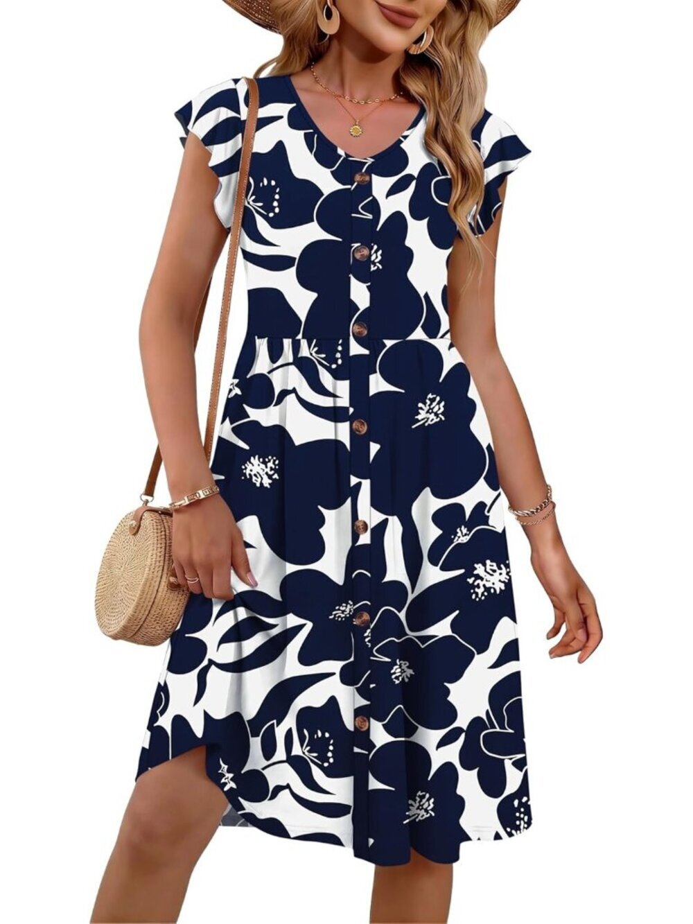 Women's White Navy Summer V-Neck Casual Ruffle Sleeve Sun Dress with Pockets